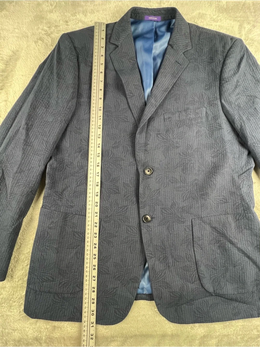 Alan Flusser Seersucker Blazer Mens L Navy Blue Floral Striped Cotton Sport Coat